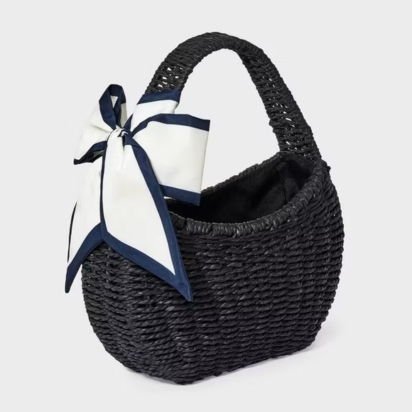 Handbags - Elegant Black Woven Bag with Bow Accent